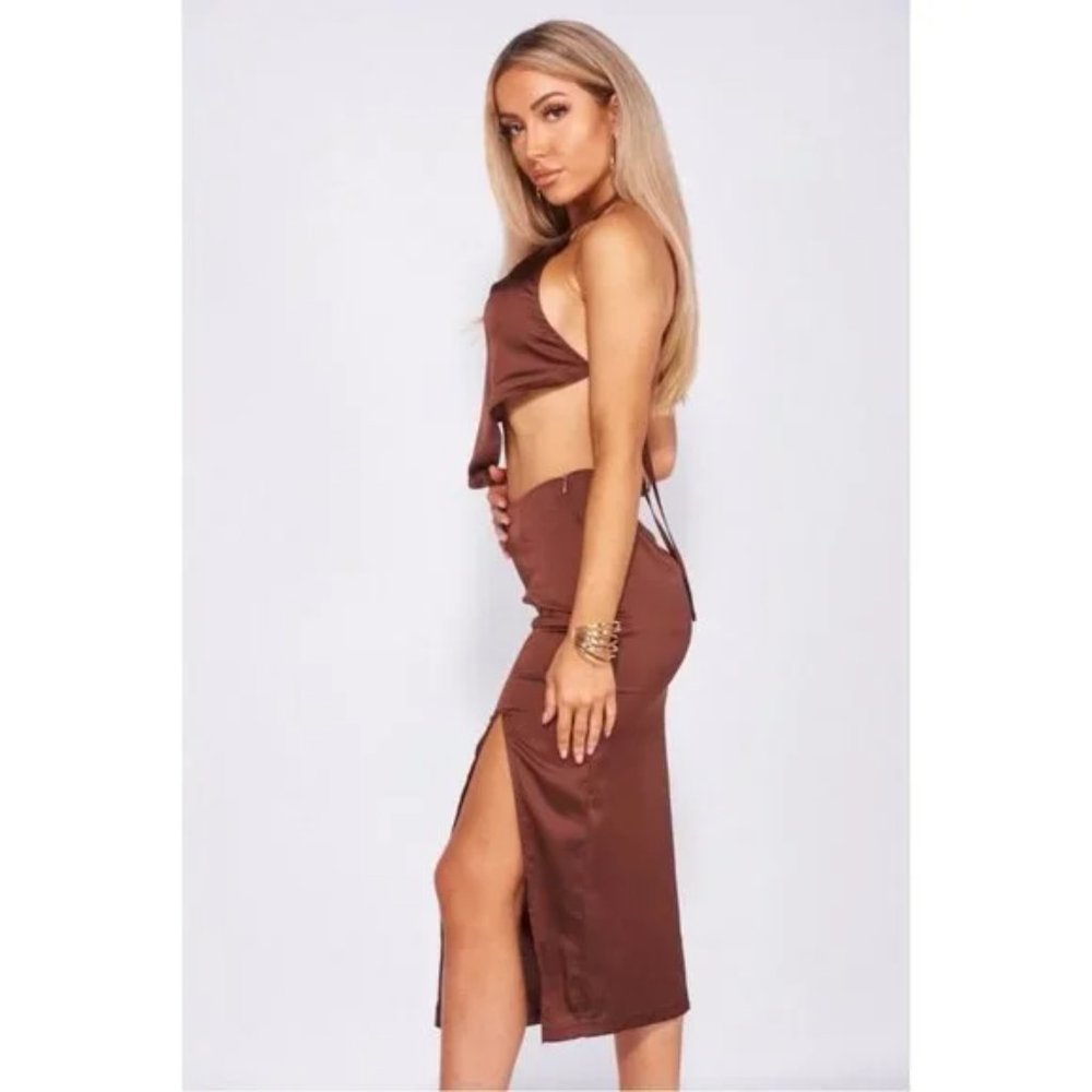 Brown Satin Halter Neck Backless Handkerchief Top and Midi Skirt Two Piece Set - Picture 5 of 13